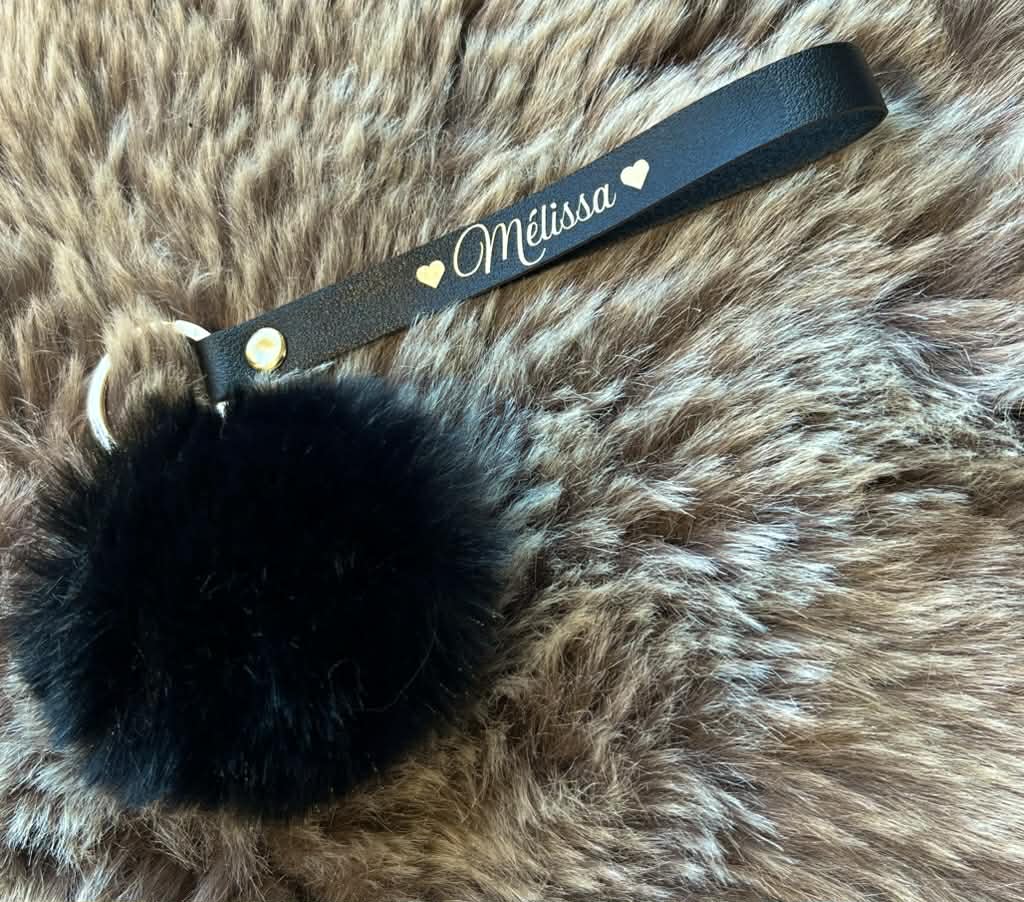 Porte-clé lanière noir avec pompon – personnalisabl