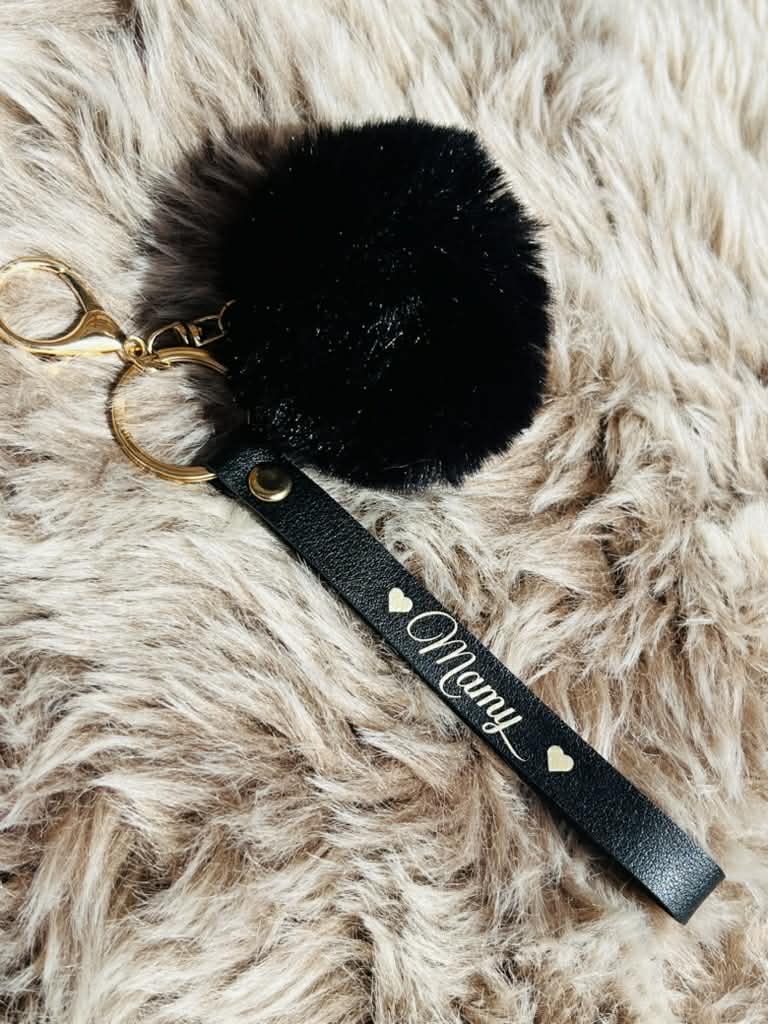 Porte-clé lanière noir avec pompon – personnalisabl
