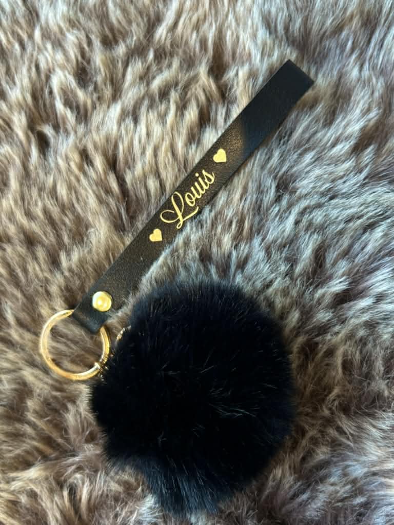 Porte-clé lanière noir avec pompon – personnalisabl