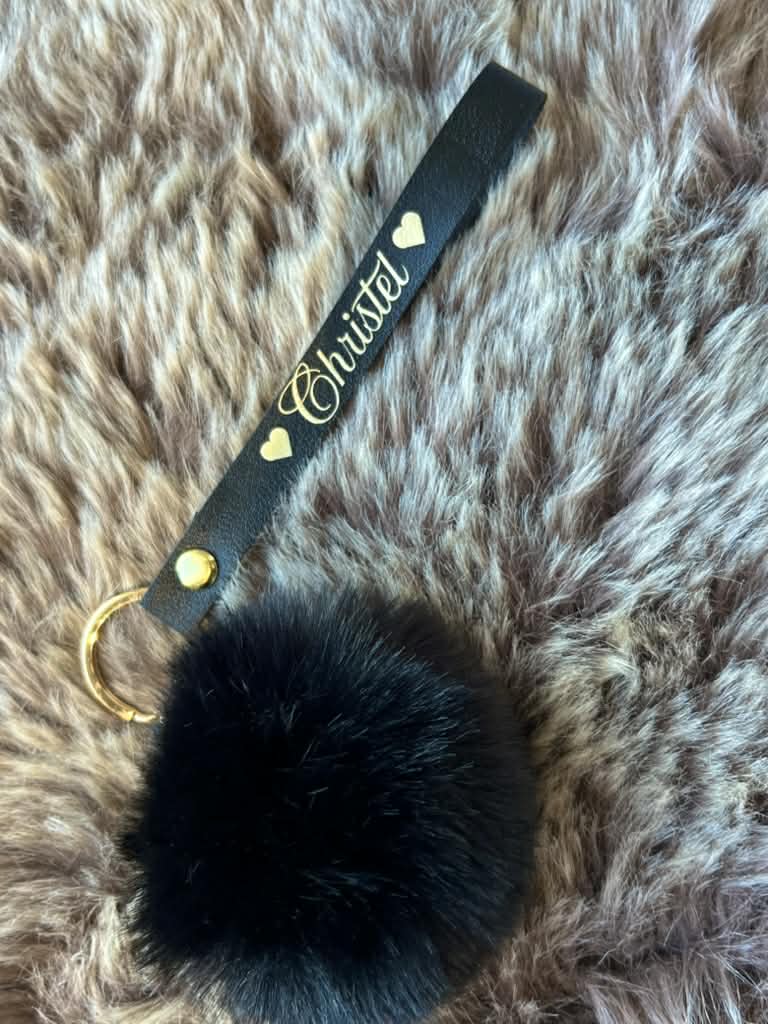 Porte-clé lanière noir avec pompon – personnalisabl