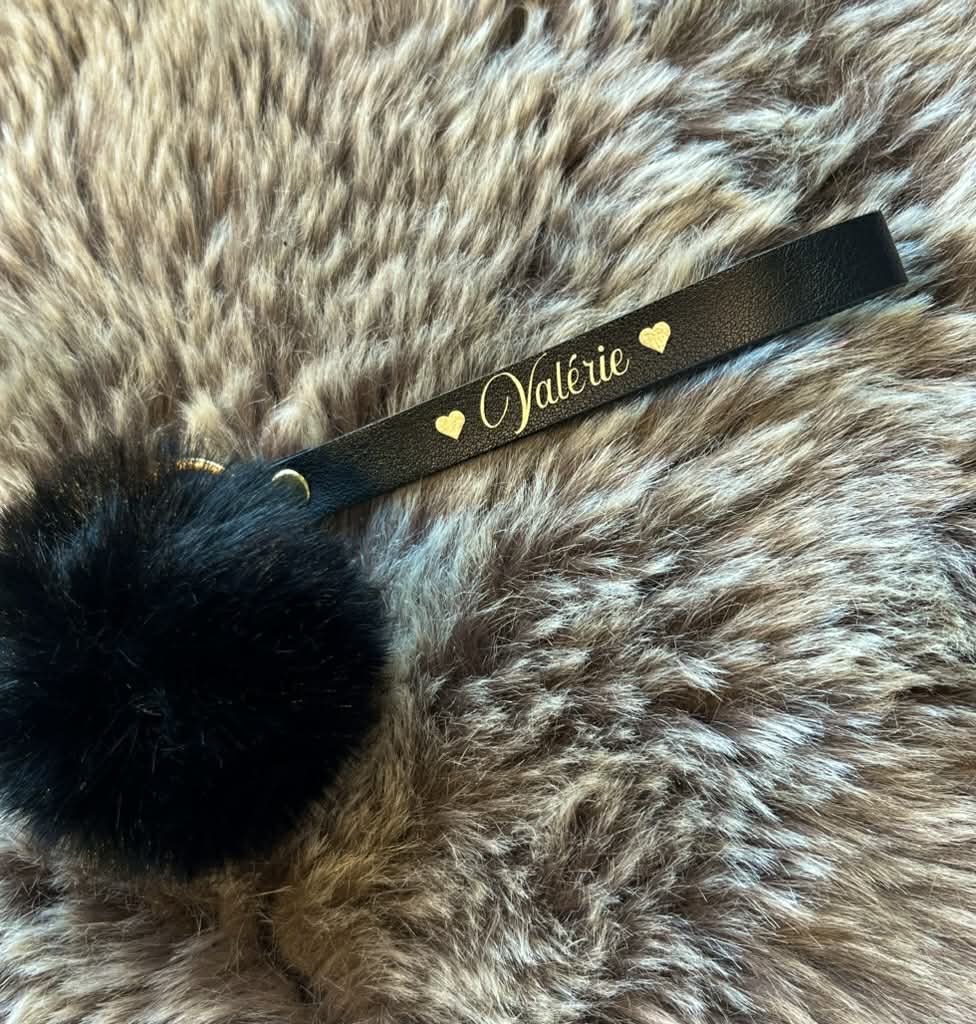 Porte-clé lanière noir avec pompon – personnalisabl
